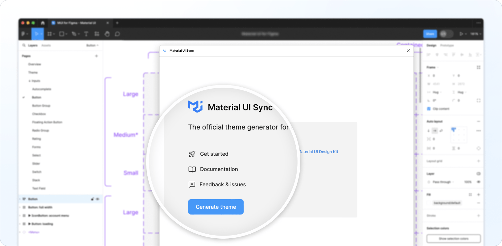 The Generate theme button in the Material UI Sync plugin UI.