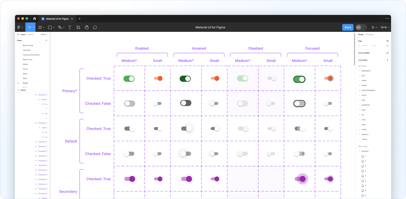 A fully customized Switch component in the Material UI Design Kit.